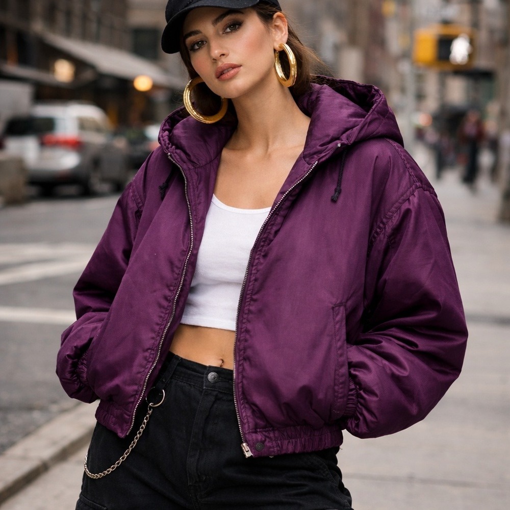Vintage 90s 100% Silk Hooded Bomber Jacket Burgundy Womens Large